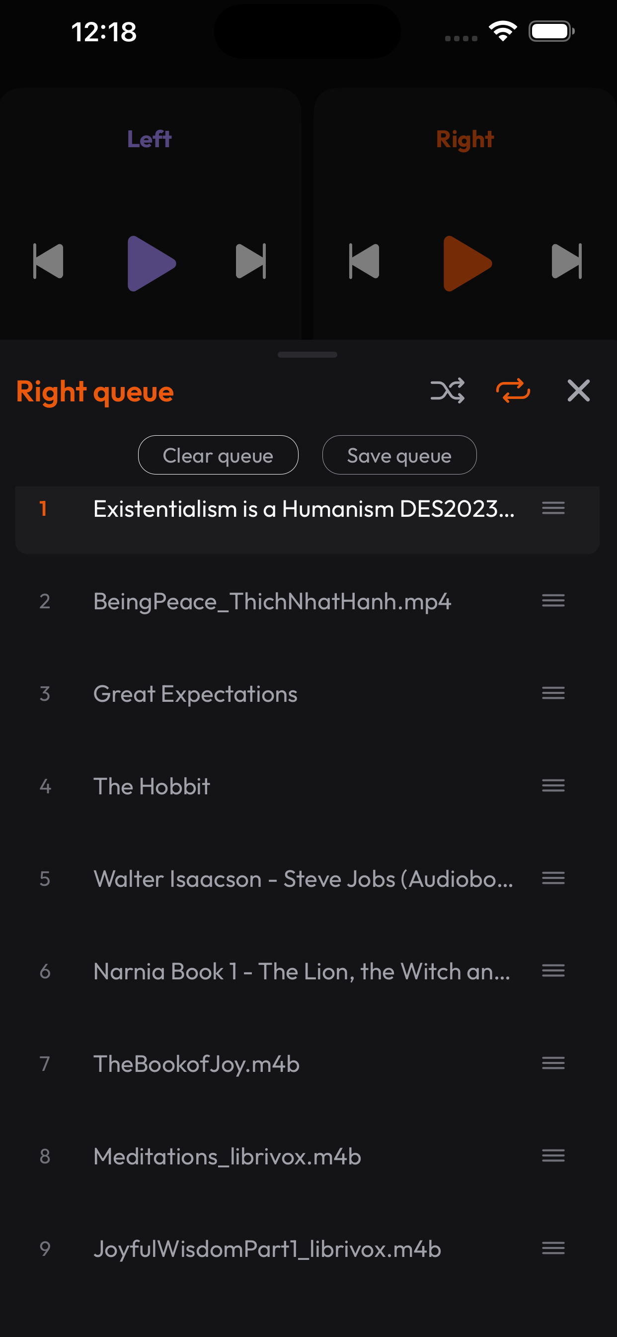 dicotic showing separate left and right audio queues